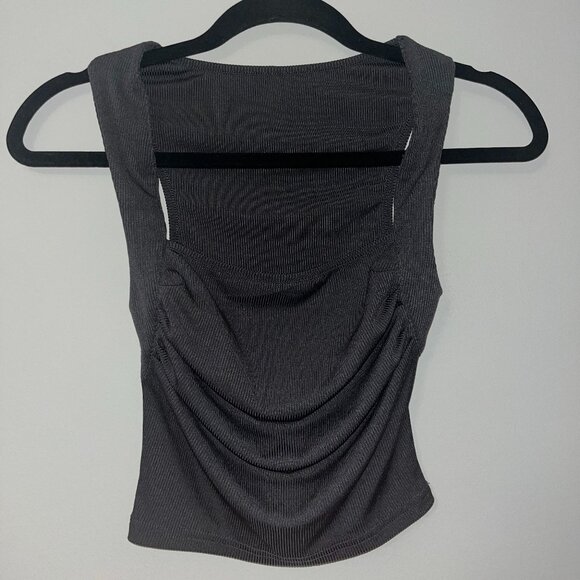 CIDER Dark Grey Ruched Square Neck Crop Tank Top | Size S - Picture 2 of 5
